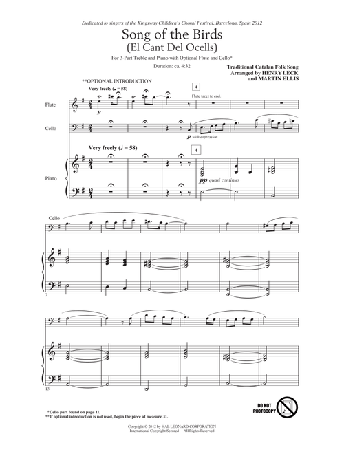 Song Of The Birds (El Cant Del Ocells) (Arr. Henry Leck) - Traditional Catalan Folk Song (Choral, 3-Part Treble)