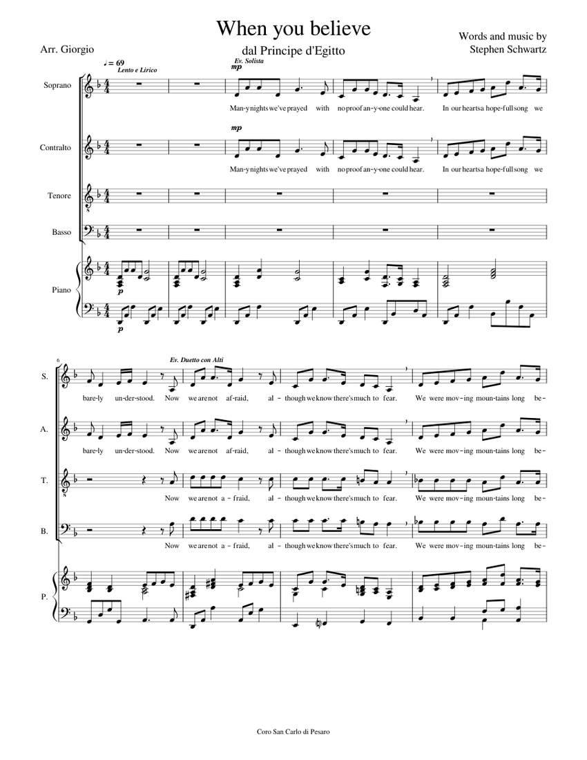 When you Believe Sheet Music for Piano, Soprano, Alto, Tenor & more instruments (Mixed Quintet ...