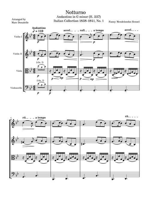 Notturno in G minor )H.337) (Arr. Marc Donatelle) - Fanny Mendelssohn Hensel (String Quartet)