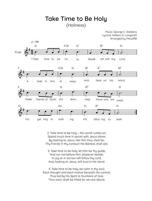 Take Time to Be Holy - Flute in G Easy with Chords and Lyrics (Arr. MissoRB) - George C Stebbins and William D Longstaff (Flute Solo)