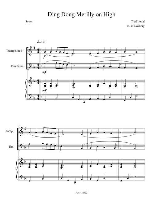 Ding Dong Merrily on High (Trumpet and Trombone Duet with Piano Accompaniment) (Arr. B. C. Dockery) - Traditional (Instrumental Duet and Piano)