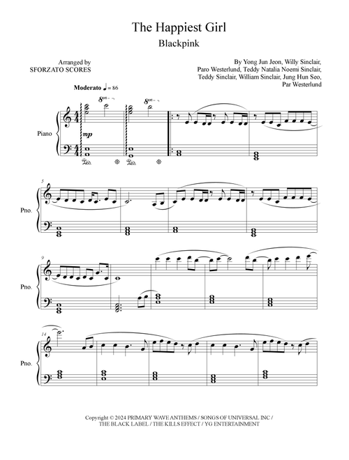 The Happiest Girl (Arr. Sforzato Scores) - BLACKPINK (Easy Piano)