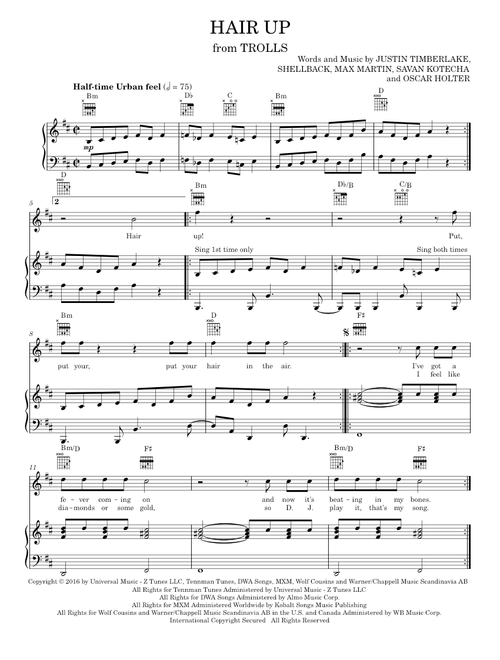 Hair Up - Anna Kendrick, Justin Timberlake, Justin Timberlake, Gwen Stefani and Ron Funches (Piano-Vocal-Guitar)