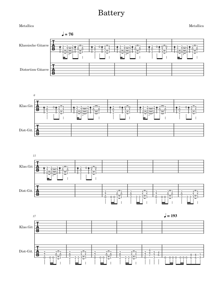 Battery Metallica Guitar tab Sheet music for Guitar (Solo