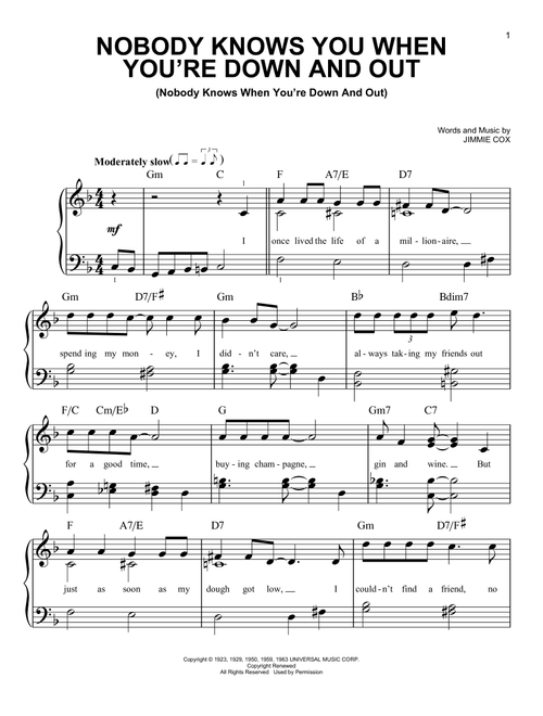 Nobody Knows You When You're Down And Out - Eric Clapton (Very Easy Piano)