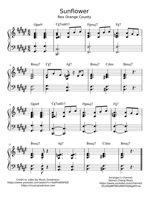 Sunflower by Rex Orange County Piano Intro