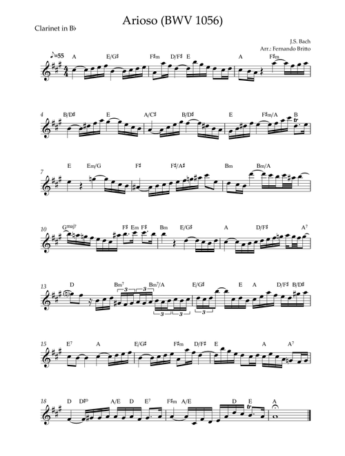 Arioso (J.S. Bach - BWV 1056) for Clarinet in Bb Solo with Chords (Arr. Fernando Britto) - JS Bach (Clarinet Solo)