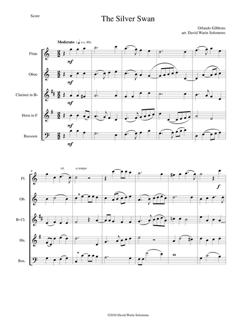 The Silver Swan for wind quintet (Arr. David Warin Solomons) - Orlando Gibbons (Woodwind Ensemble)