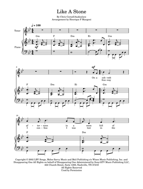 Like A Stone (Arr. Henrique F Mangoni) - Audioslave (Piano Vocal)