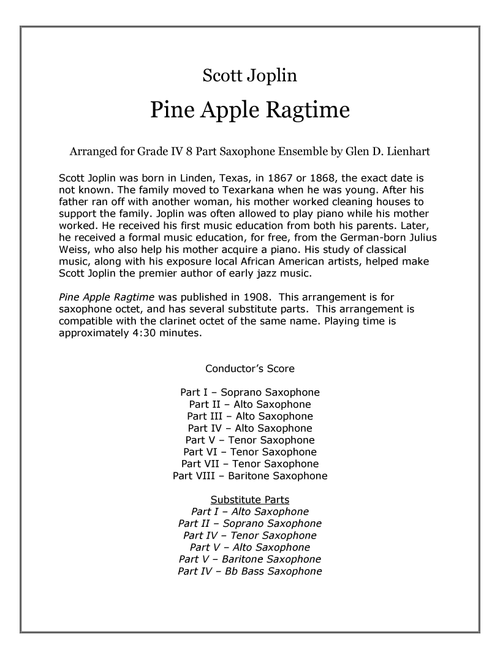 Pine Apple Ragtime (Saxophones) (Arr. Glen Lienhart) - Scott Joplin (Woodwind Ensemble)