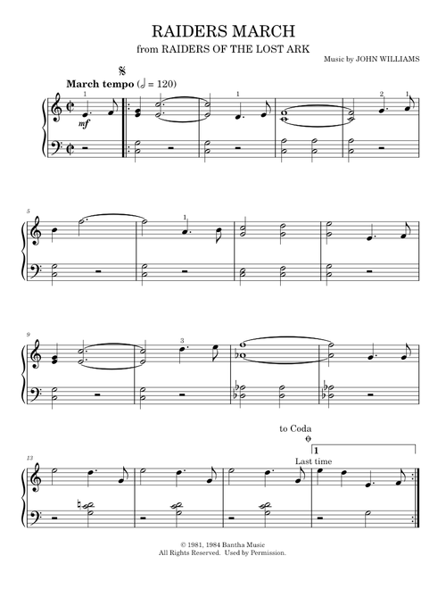 Raiders March - Indiana Jones Trilogy Movie, John Williams (Easy Piano)