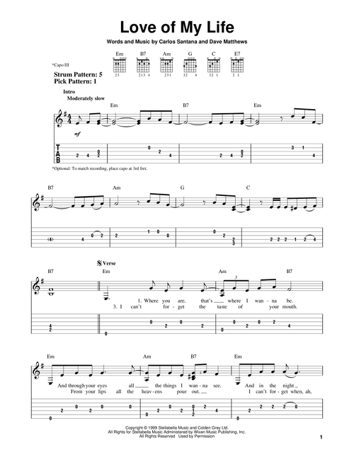 Love Of My Life (feat. Dave Matthews) - Santana (Easy Guitar with TAB)