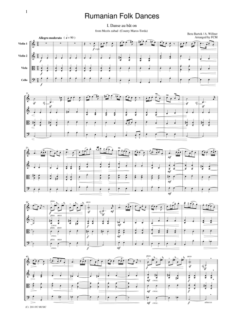 Bartok  Rumanian Folk Dances, for string quartet, CB601 (Arr. FCMUSIC) (String Quartet)