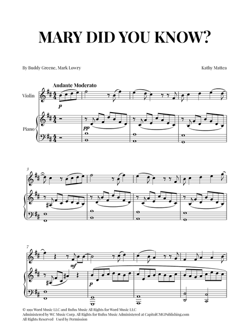 Mary, Did You Know? (Arr. Cadenza Editions) - Kathy Mattea (Violin and Piano)