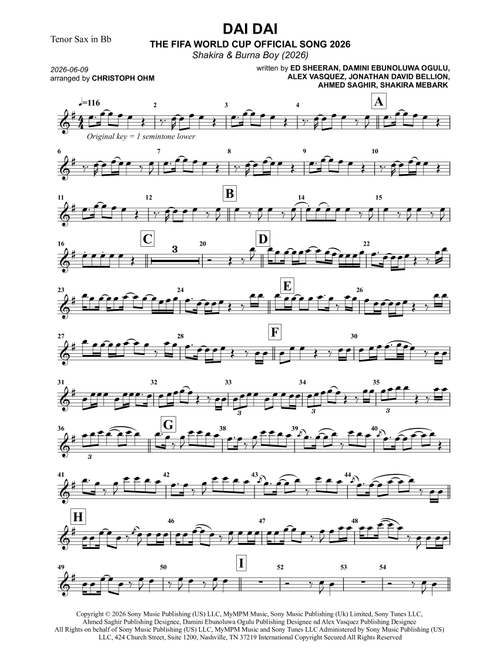 Dai Dai (Arr. Christoph Ohm) - Shakira & Burna Boy (Tenor Sax Solo)
