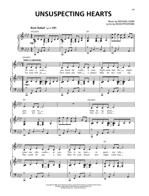 Unsuspecting Hearts (from Carrie The Musical) - Michael Gore, Dean Pitchford (Piano Vocal)