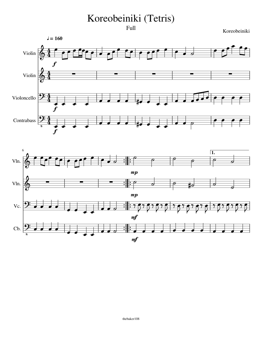 Tetris (Korobeiniki) String Quartet Sheet music for Contrabass, Violin,  Cello (Mixed Quartet) 