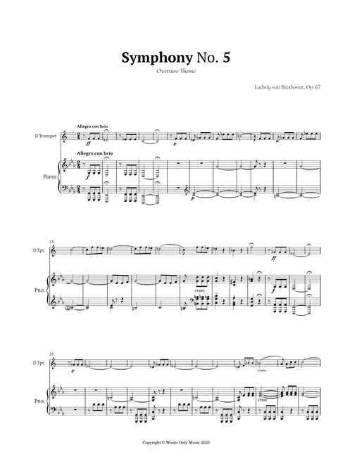 Symphony No. 5 by Beethoven for Trumpet in D and Piano (Arr. Ander) (Trumpet and Piano)