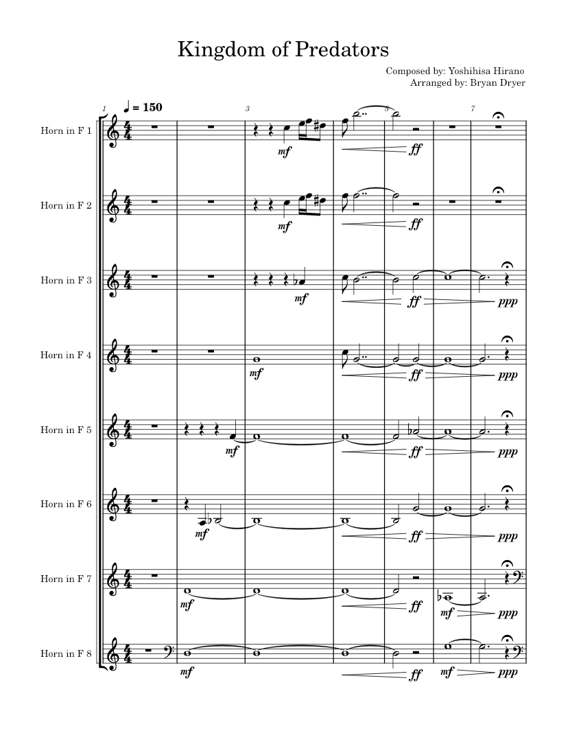 Kingdom Of Predators – Yoshihisa Hirano Kingdom Of Predators for 8 Horns in  F – Yoshihisa Hirano / Arr. Bryan Dryer Sheet music for French horn (Brass  Ensemble) | Musescore.com
