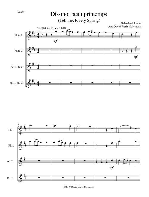 Dis-moi, beau printemps (Tell me, lovely Spring) for flute quartet (Arr. David Warin Solomons) - Orlando di Lasso (Flute Solo)