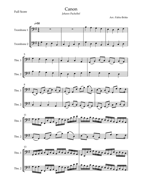 Canon - Johann Pachelbel (Wedding/Reduced Version) for Trombone Duo (Arr. Fabio Britto) (Trombone Duet)
