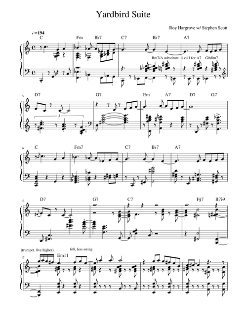 Roy Hargrove Trio - Yardbird Suite (p. Stephen Scott) transcription