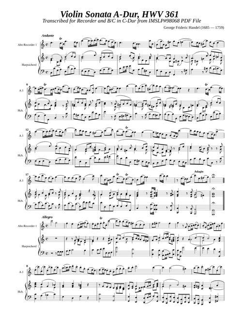 Händel, G.F.   Violine Sonate A-Dur, HWV 361 [Recorder, B/C, C-Dur]