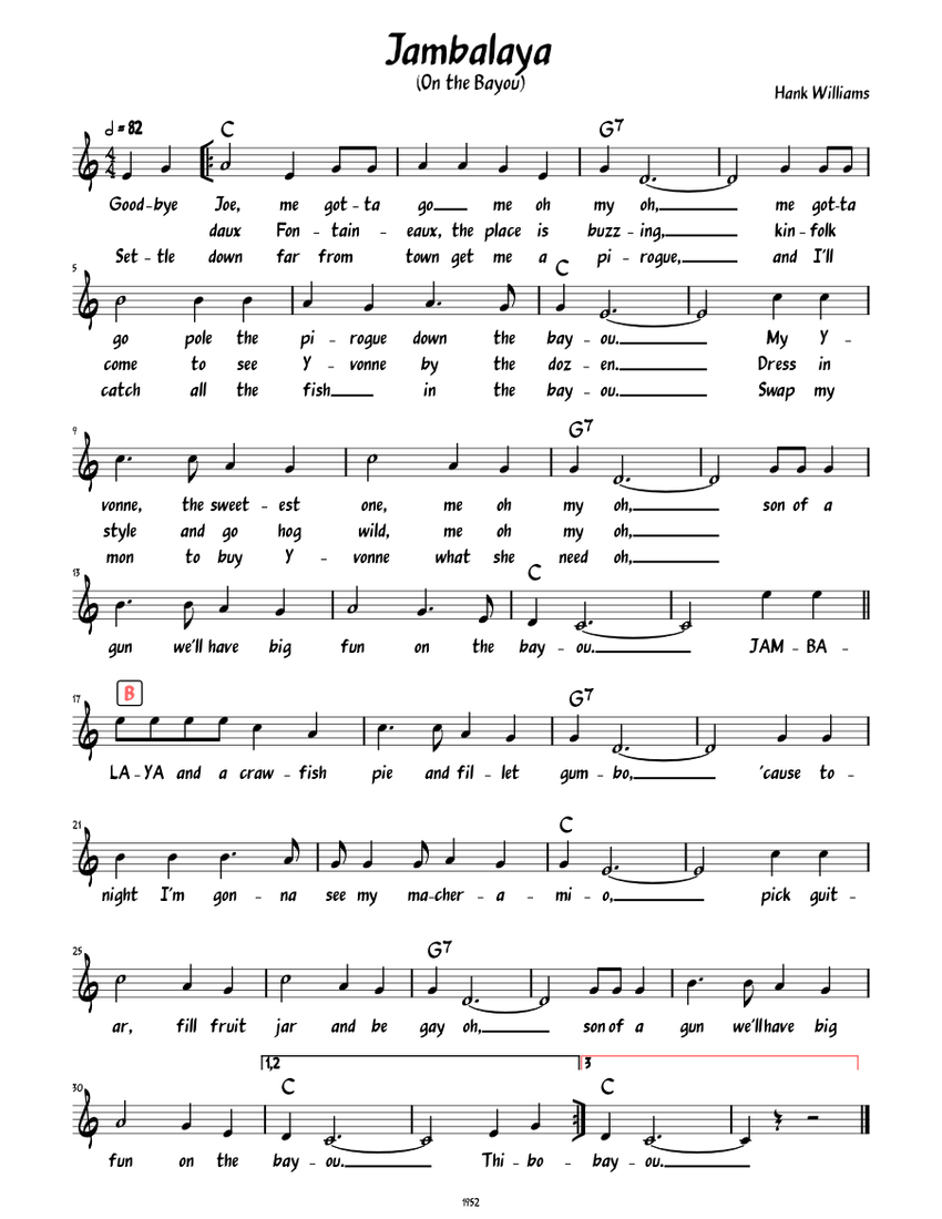 Jambalaya (On the Bayou) (Lead sheet with lyrics) Sheet music for Piano