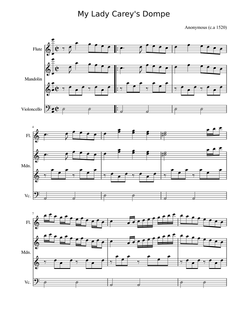 MY LADY CAREY'S DOMPE Sheet music for Flute, Mandolin (Mixed Duet