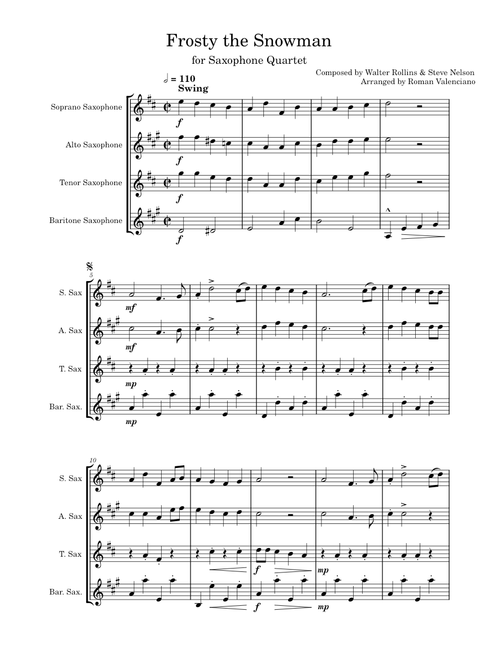 Frosty the Snowman for Saxophone Quartet