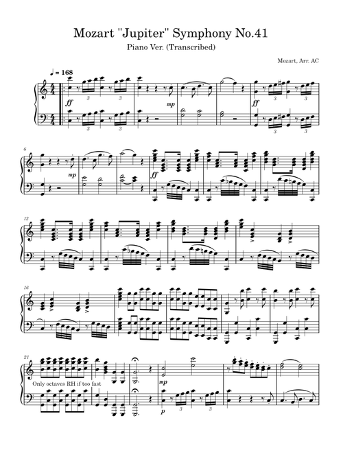 Mozart Symphony No. 41 "Jupiter" - Piano Transcription - 1st Movement