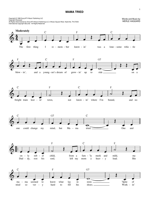 Mama Tried - Merle Haggard (Easy Lead Sheet - Fake Book)