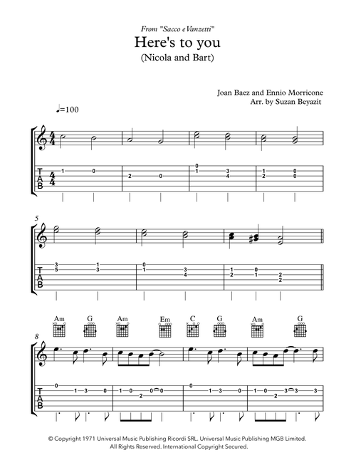 Here's To You (Arr. Suzan Beyazit) - Joan Baez (Guitar Tab)