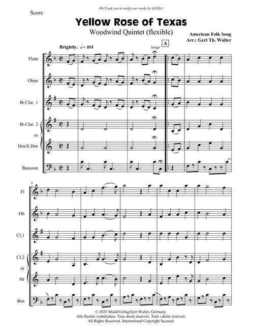 Yellow Rose of Texas (Arr. Gert Th. Walter) - American Folk Song (Woodwind Ensemble)