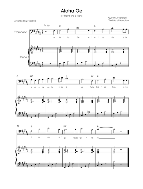 Aloha Oe - Trombone & Piano in B Major Easy With Lyrics & Chords (Arr. MissoRB) - Queen Liliʻuokalani (Trombone and Piano)