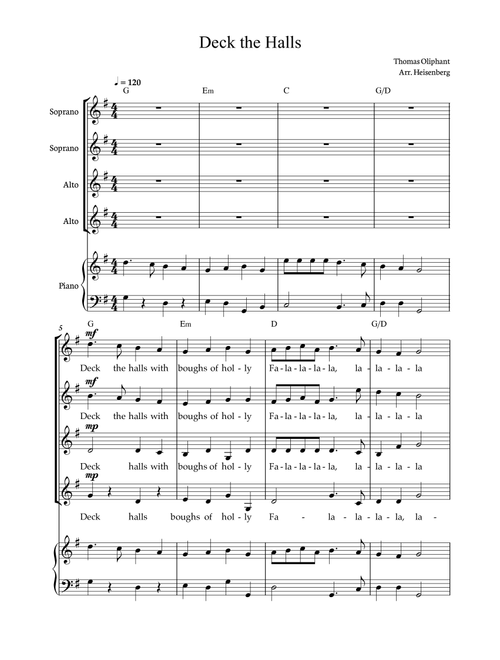 Deck The Halls - Christmas Songs for choir SSAA with accompaniment. Score and parts included. (Arr. Heisenberg) - Thomas Oliphant (Choral, SSAA)