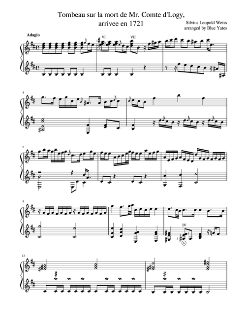 Tombeau sur la mort de Mr. Comte d'Logy arrivée en 1721 (Silvius Leopold Weiss) (Arr. Blue Yates) (Instrumental Duet)