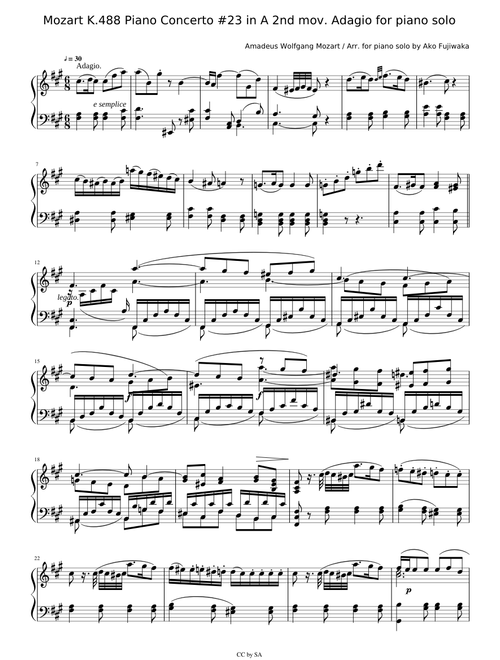 Mozart K.488 Piano Concerto #23 in A 2nd mov. Adagio for piano solo
