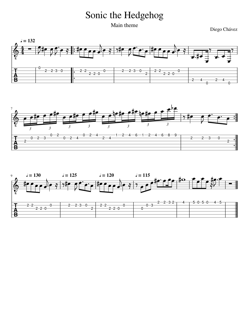 Sonic Music Note Sonic the Hedgehog (Main theme) Sheet Music and Tab for Guitar (Solo ...