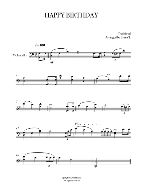 Happy Birthday (Cello) (Arr. Bruna T.) - Traditional (Cello Solo)