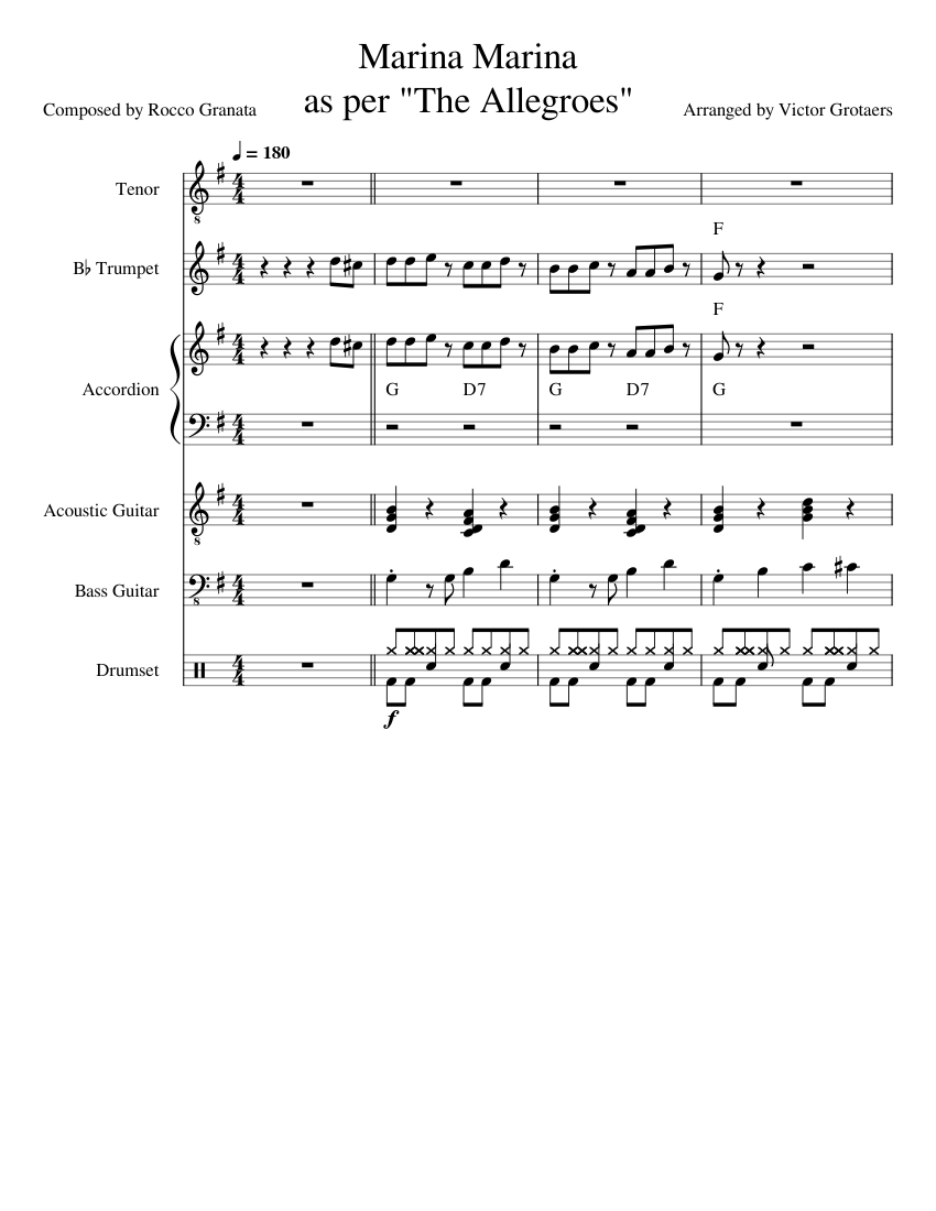 Marina – Rocco Granata Sheet Music For Tenor, Accordion, Trumpet In B ...