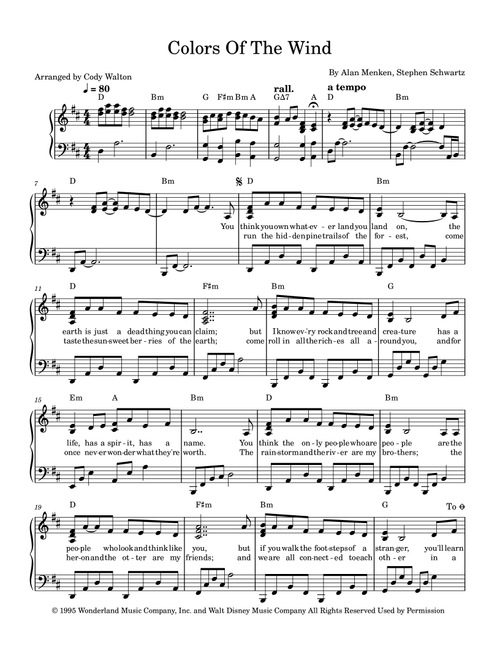 Colors Of The Wind (Arr. Cody Walton) - Vanessa Williams (Piano-Vocal-Guitar (Piano Accompaniment))