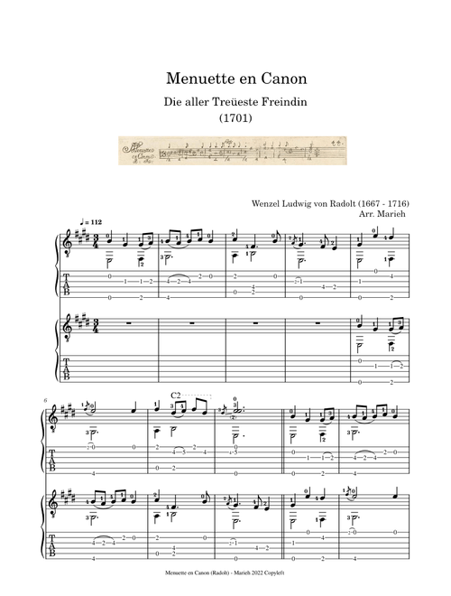 Menuette en Canon – Wenzel Ludwig von Radolt (1667 - 1716) - Tablature