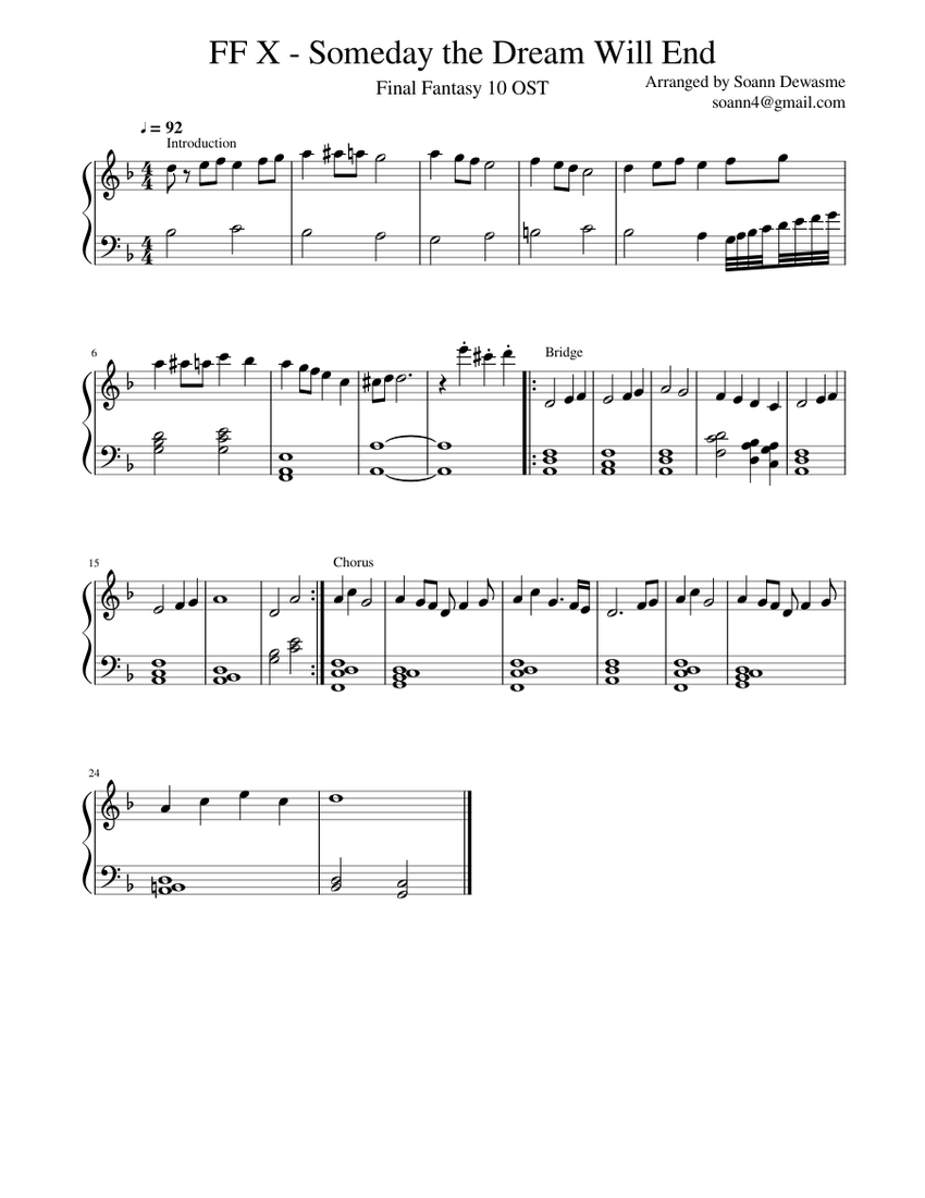 FF X - Someday the Dream Will End Sheet Music for Piano (Solo