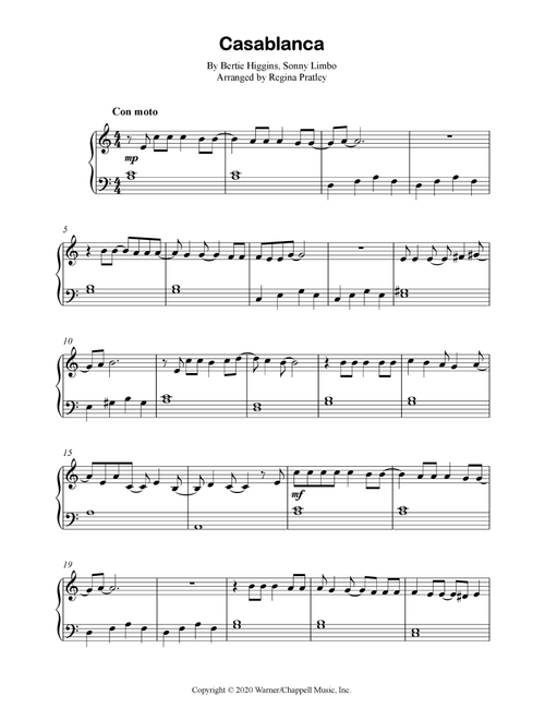 Casablanca (Arr. Regina Pratley) - Bertie Higgins, Sonny Limbo (Easy Piano)