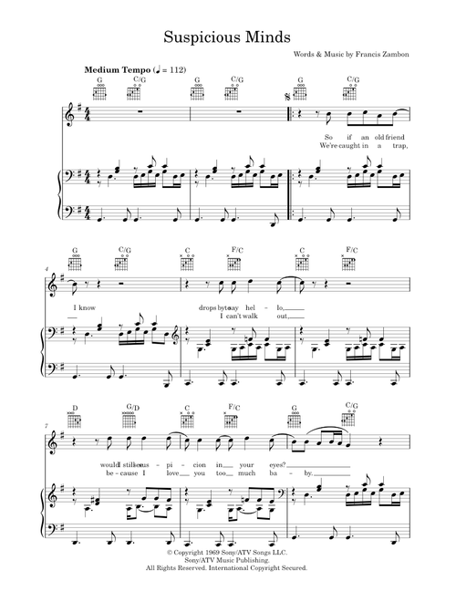 Suspicious minds - Elvis Presley (Piano-Vocal-Guitar (Piano Accompaniment))