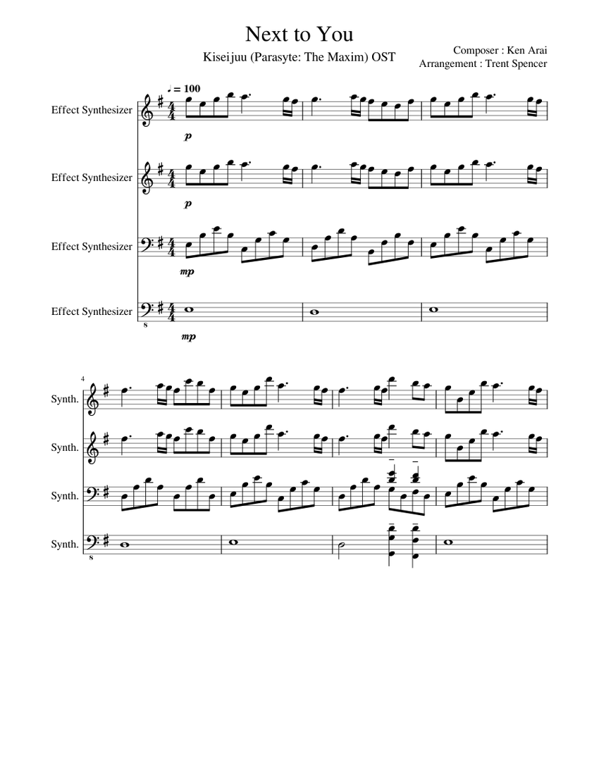 Parasyte: Next to You Sheet music for Synthesizer (Mixed Quartet ...
