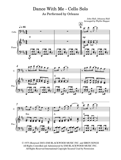 Dance With Me (Arr. Phyllis Hopper) - Orleans (Cello Solo)