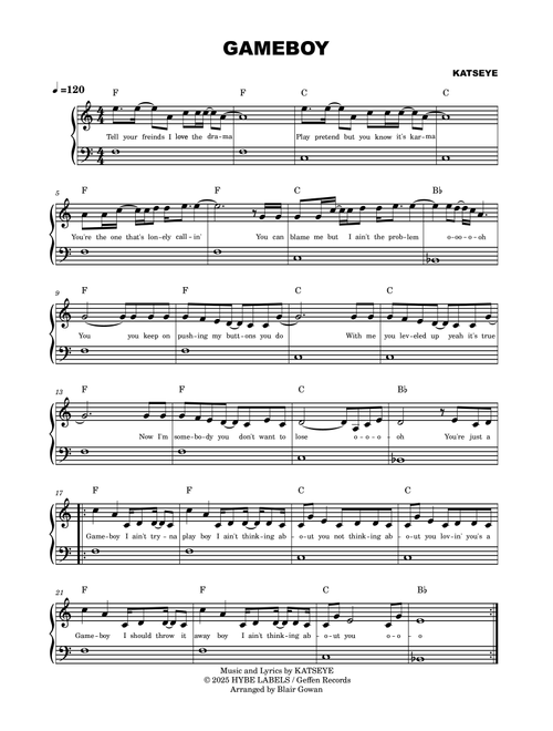 Gameboy (Arr. Blair Gowan) - Julia Lewis Katseye (Easy Piano)