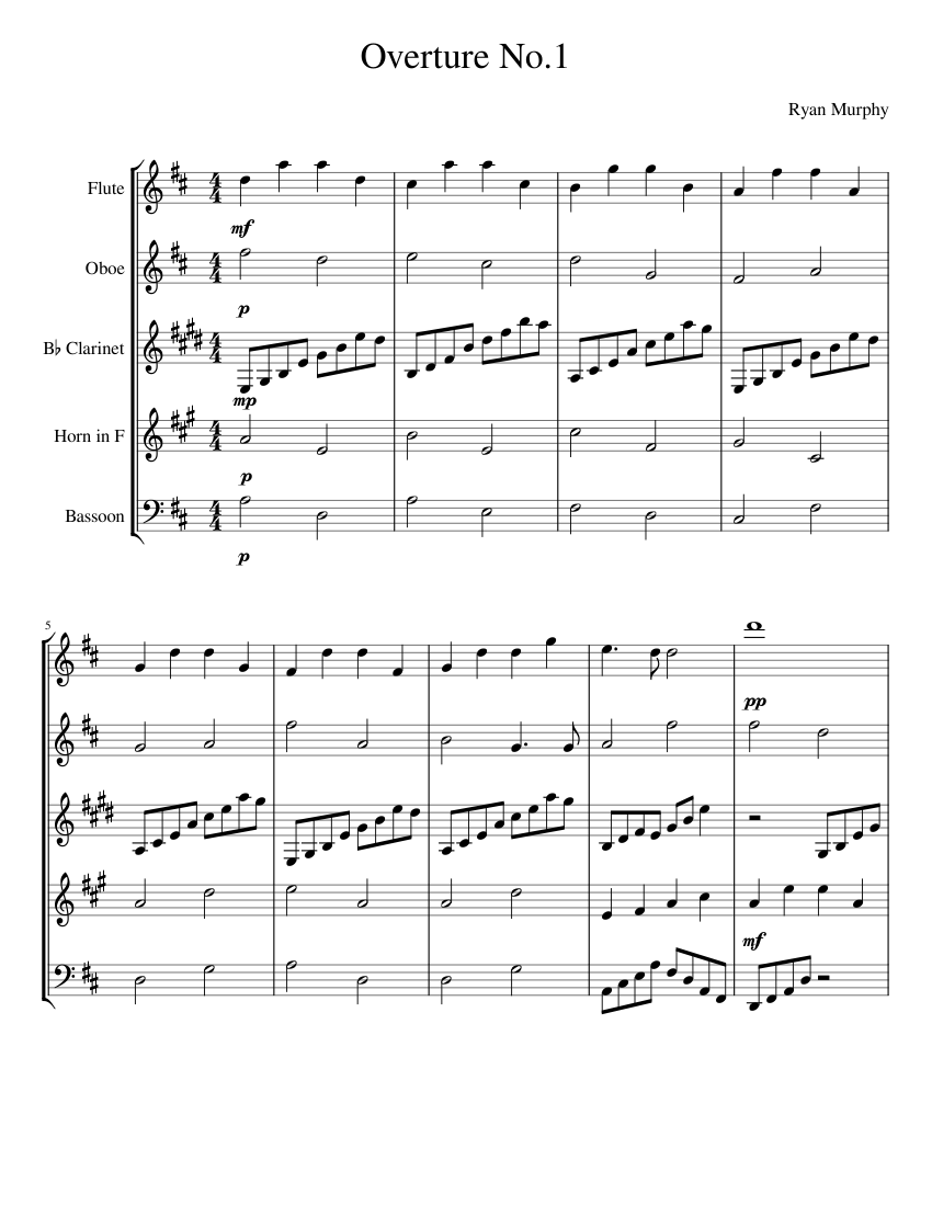 Overture Instruments Overture No.1 Sheet Music for Flute, Oboe, Clarinet in b-flat, Bassoon ...